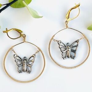14kGF drop earring with silver vintage butterfly